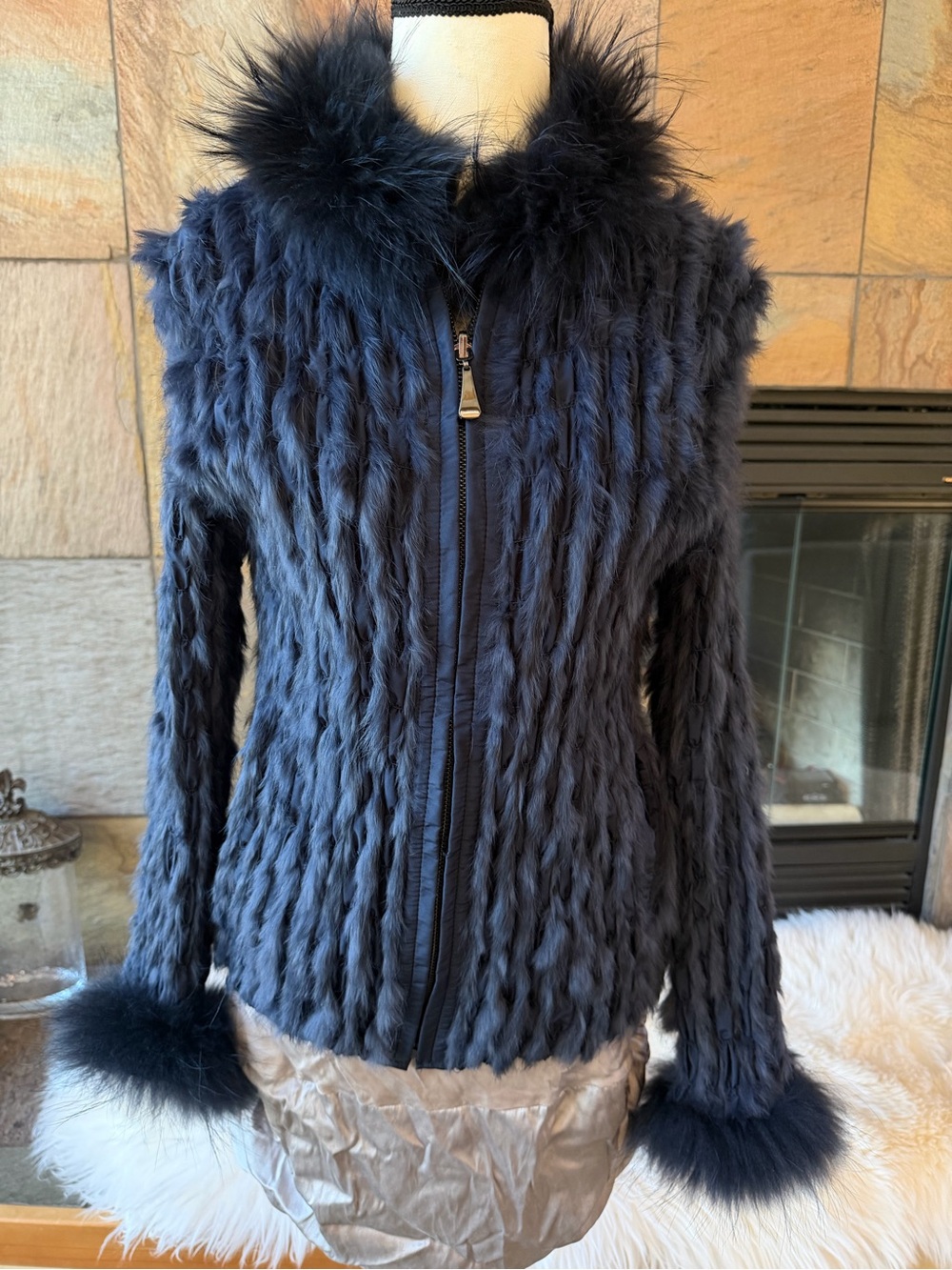 Belle Fare Reversible Lightweight Linden Jacket Fox and rabbit real fur blue